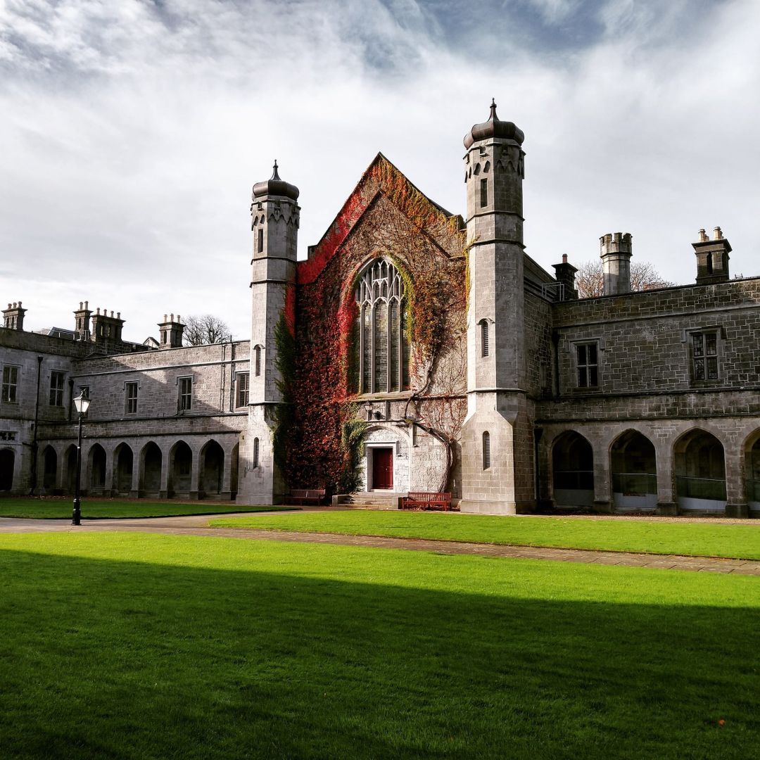 A picture of the Quad in Galway university an old building in the sunlight with grass in front of it and red ivy growing on the building