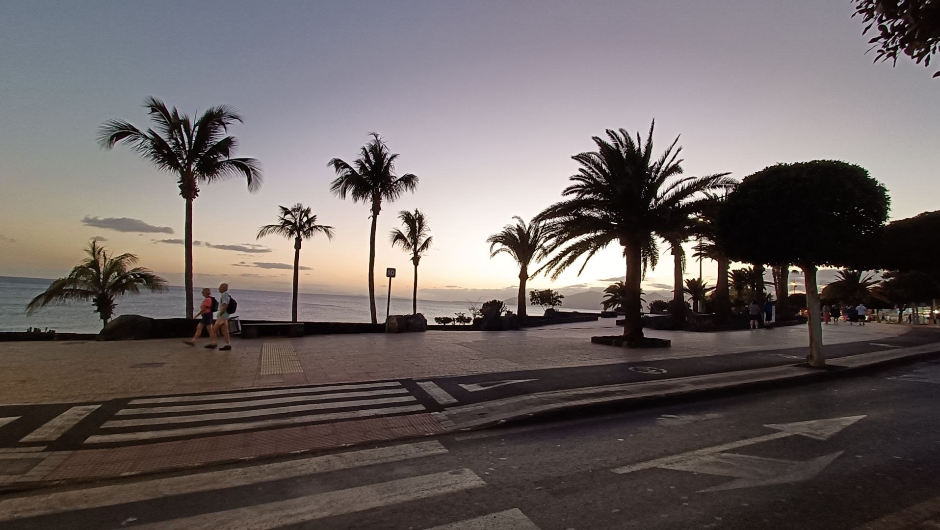 A sunset photo over the sea. Trees and some road are visible in the foreground.