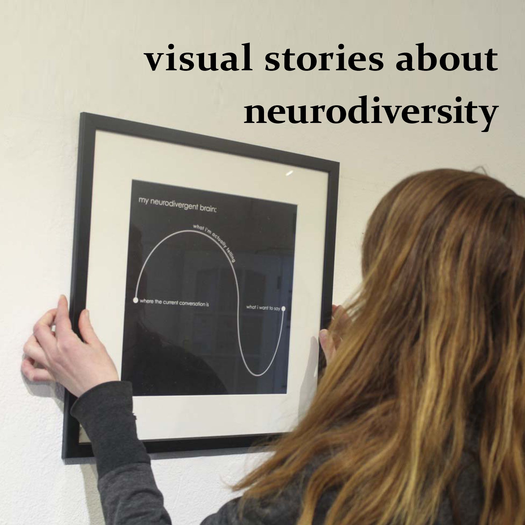 the image shows a photograph the graphic designer johanna legnar hanging up a framed and monuted artwork. the artwork shows the headline 'my neurodivergent brain:' in white lower case letters in the top left corner on a black background. underneath is a graphic of a wave, which left end is marked as 'where the current conversation is', the right end 'what i want to say' and along the wave 'what i'm actually telling'. in the top right of the photograph is the headline 'visual stories about neurodiversity' in block bold lower case letters.