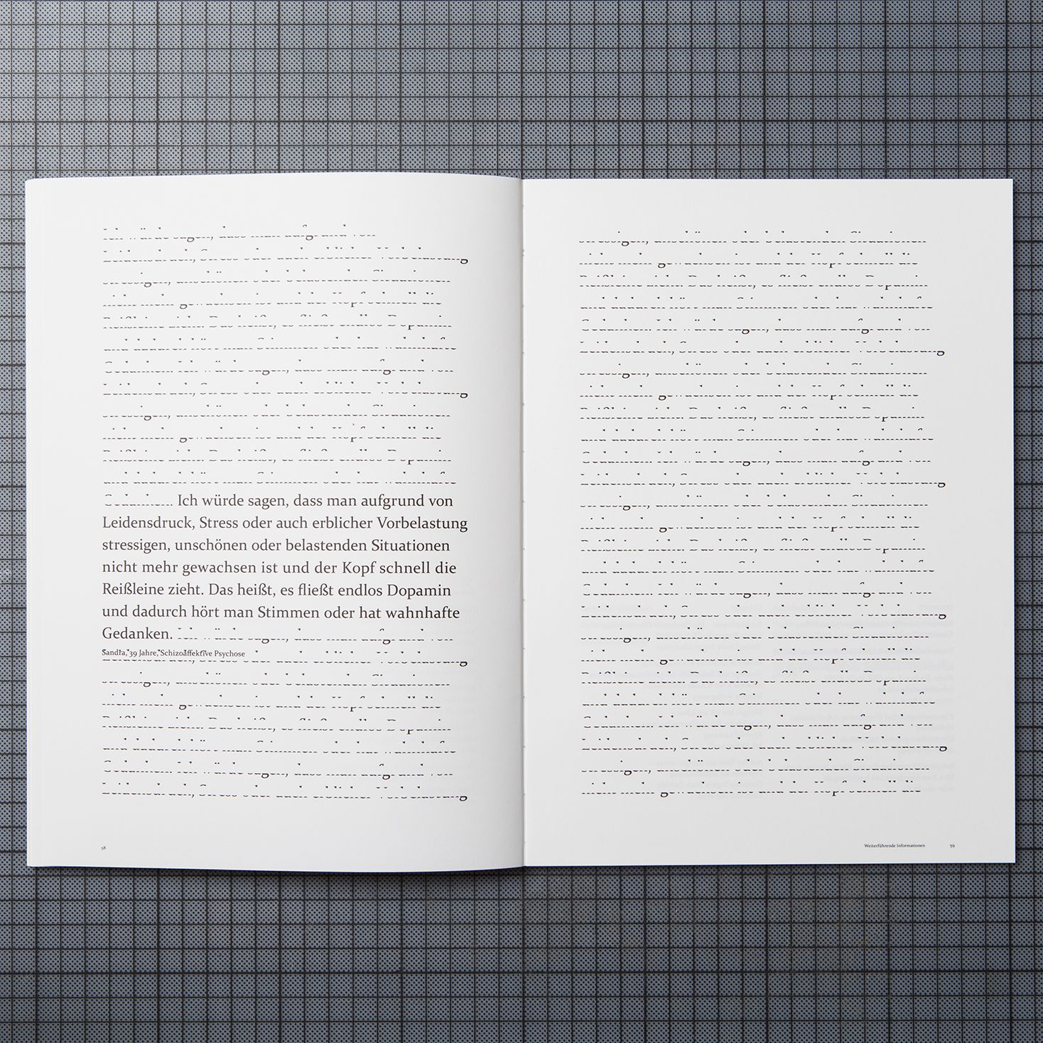 the double page shows a quote on the left side. the rest of the pages are covered by only pieces of letters.