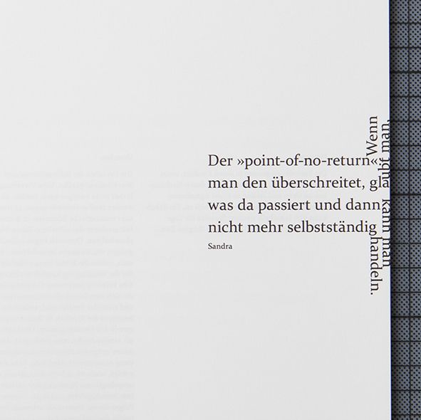 the detail shows a quote in a block on the right edge of a book page. the words on the very end of the block are turned by 90 degree to align along the edge.