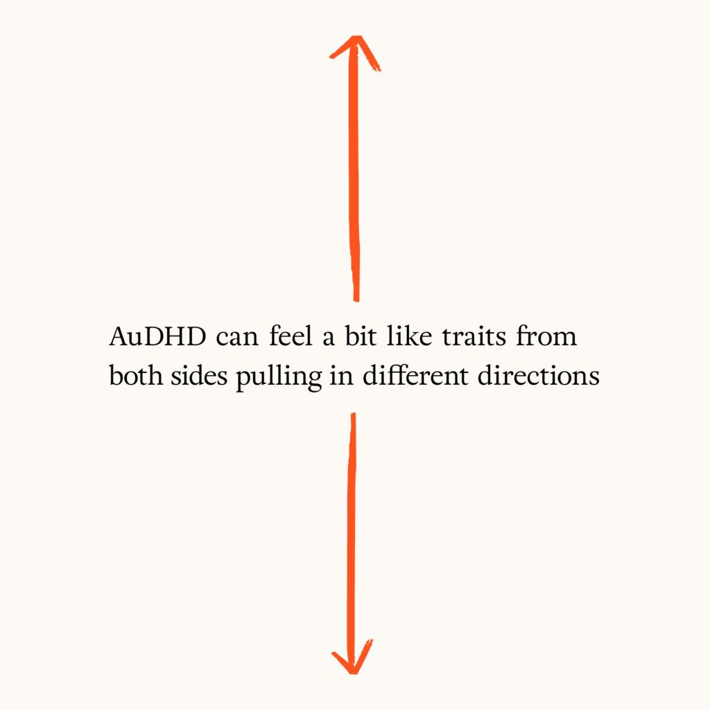 the image shows the text 'AuDHD can feel a bit like traits from both sides pulling in different directions' in black letters in the middle of the format. above is an orange scretched arrow pointing to the top and another underneath pointing to the bottom.